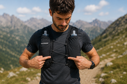 Trailrunner prüft vor dem Lauf Passform und Größe einer Salomon-Trinkweste