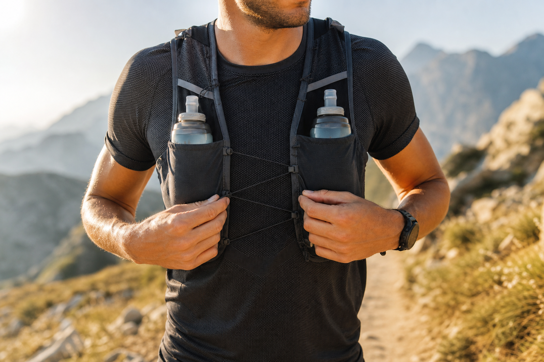 Trailrunner stellt seine Trinkweste ein; zwei vordere Soft Flasks sitzen sicher, um Wippen zu vermeiden.