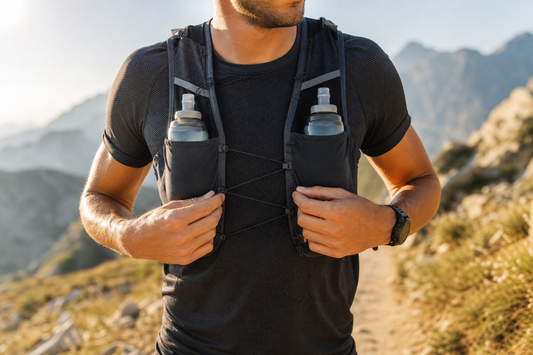 Trailrunner stellt seine Trinkweste ein; zwei vordere Soft Flasks sitzen sicher, um Wippen zu vermeiden.