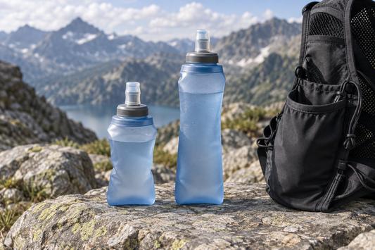 Kleine und große Soft Flask im Vergleich neben einer Trinkweste