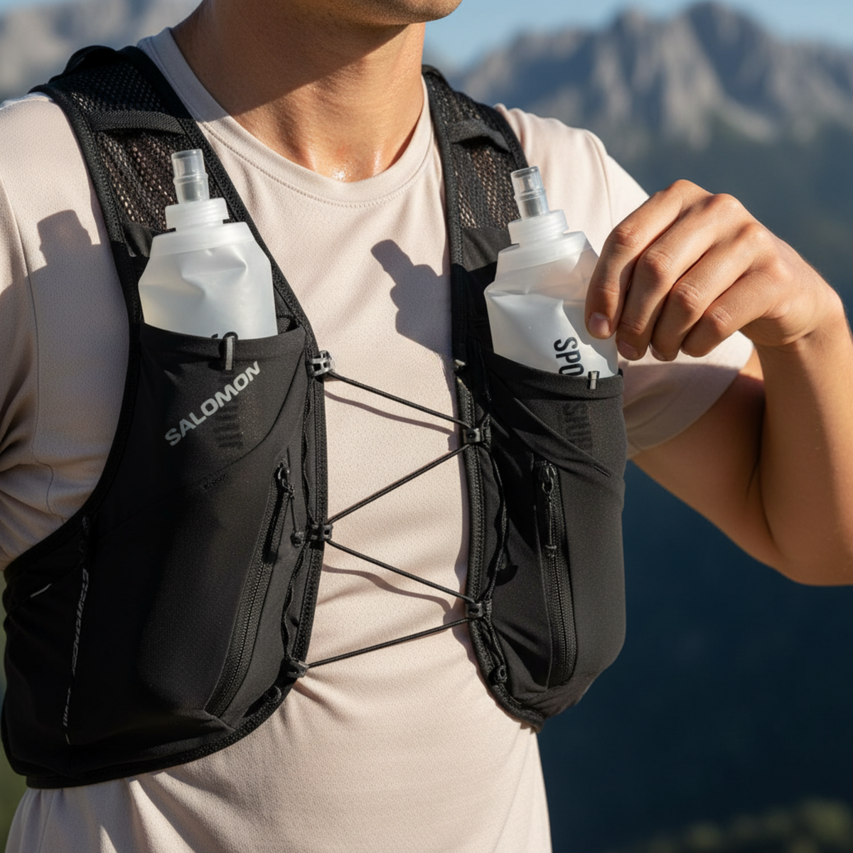 2 SportsHub Soft Flasks à 500 ml in den Fronttaschen einer Trinkweste