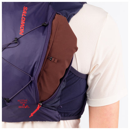 Salomon Active Skin 4 GRVL Violett Trinkweste, Detail des Rückenfachs