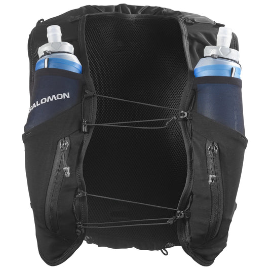 Salomon ADV Skin 12 Damen in Schwarz, Vorderansicht mit eingesetzten Soft Flasks